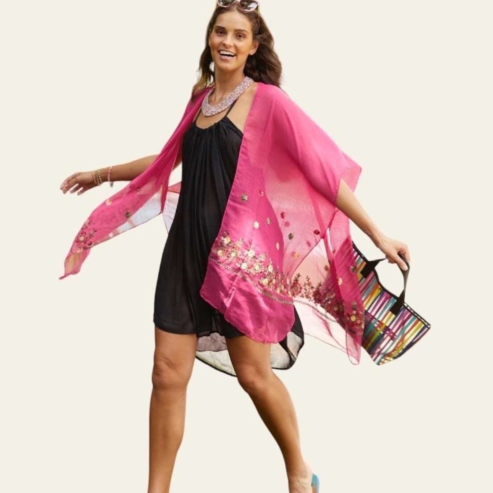 Bijoux Terner Hot Pink Floral Embroidered Swim Cover-Up